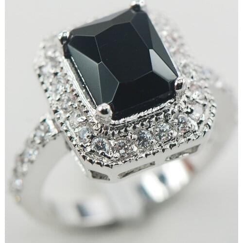 Black Onyx White Crystal Zircon Women 925 Sterling Silver Ring F863 Size 6 7 8 9 10