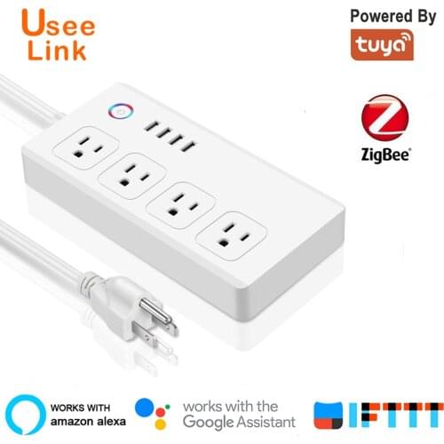 Zigbee Smart Power Strip Power Bar Multiple Outlet Extension Cord with 4 USB and 4 Individual Controlled AC Plugs by Tuya