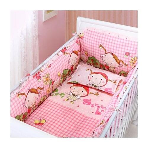 6PCS Baby Girl Crib Bedding cot set Applique Bumpers Sheet Baby Safety Fence bedroom decor (4bumpers+sheet+pillow cover)