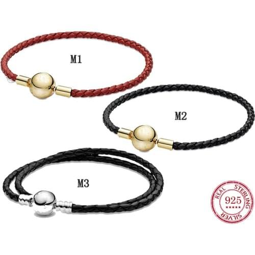 S925 Engraved Sterling Silver Leather Bracelet Bangle Chain Rope Applicable To Pandora Elements Fit European Charms Diy Jewelry