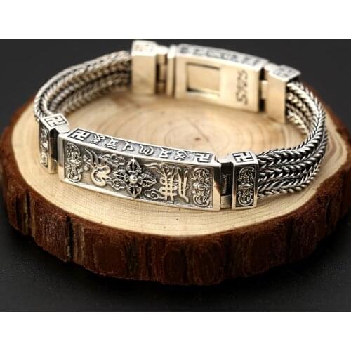 Real 100% 925 Sterling Silver Braided Woven Six Words Vajry Bracelet Tibetan Mantra Width 13mm Men Bracelets Thai Silver Jewelry