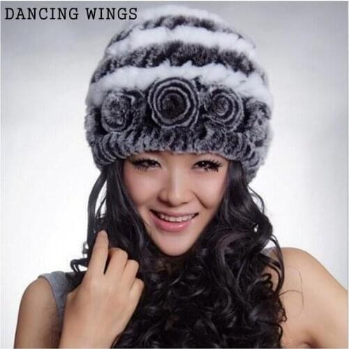 DANCING WINGS 100% Real Rex Rabbit Fur Hat Thick Wool Cap Fur Flower Knitting Patterns Hats Winter Womens' Hat Headgear MS-23