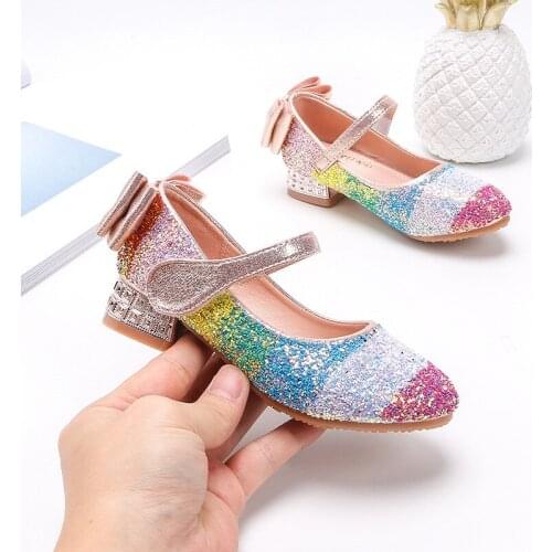 Childrens shoes Girls Rainbow Sequined Princess Shoes Children Fashion Crystal High Heels Little Girls Single Shoes