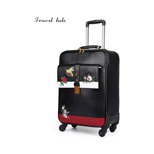 Travel tale high quality fashion embroidery 16/20/24 size 100%PU Rolling Luggage Spinner brand Travel Suitcase