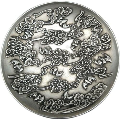 China old Carved Tibetan silver writing-brush washer Chinese Dragon plates