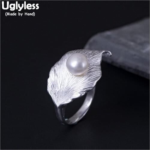 Uglyless 100% Real 925 Sterling Silver Leaf Finger Rings for Women Natural Pearls Open Rings Personalized Big Leaves Fine Jewel