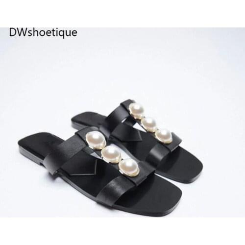 Summer square toe women slides casual pearl flat women slippers
