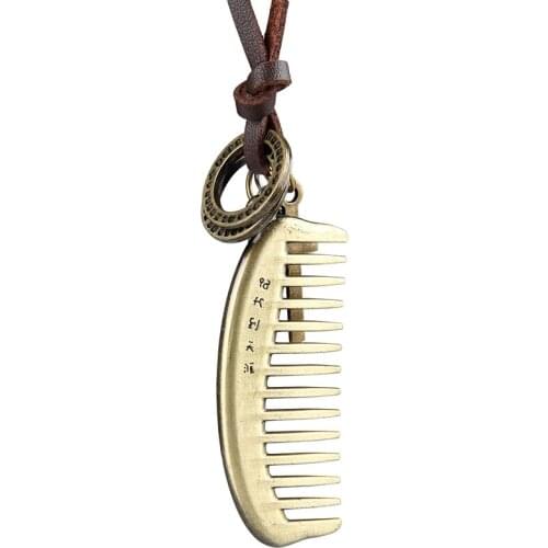 NIUYITID Mens Necklace & Pendants Adjustable Retro Small Comb Jewelry Necklaces For Women Brown Leather Vintage Girls Gift