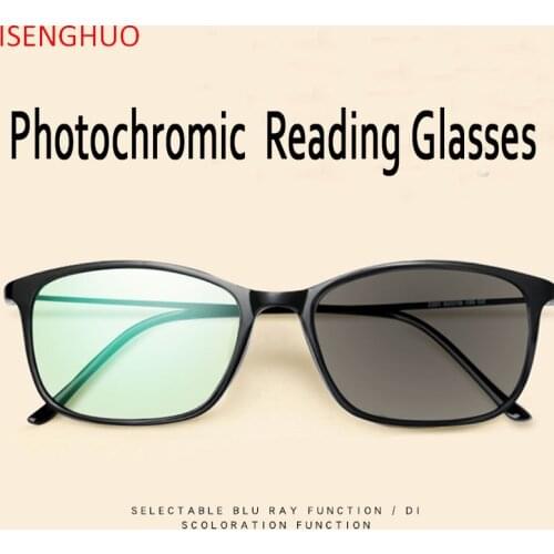 ISENGHUO Retro TR90 Frame Transition Sun Photochromic Reading Glasses Women Ultra Light Presbyopia Eyewear for Men 1.0-6.0
