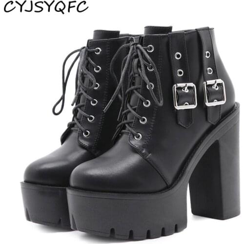 CYJSYQFC Autumn Chunky Heels Platform Women Ankle Boots Belt Buckle Decoration Lace Up Thick Bottom Lady Short Boots For Gothic