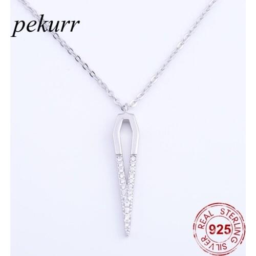 Pekurr 925 Sterling Silver Geometric Long Hollow Pentagon Pin Key Necklaces Pendants For Women Fine Jewelry Gifts