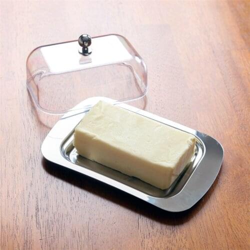 Butter Dish With Lid Stainless Steel Food Container With Lid Rectangle Acrylic Transparent Lid Cheese Plate Butter Storage Tray