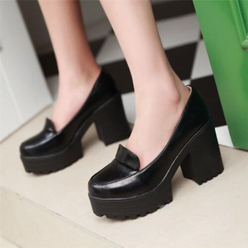 High Heels Pumps Platform Block Heel Women Shoes Goth Lolita Cosplay Girls Uniform Shoes Round Toe Slip on Ladies Shoes Spring