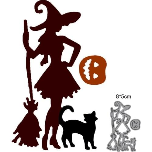 Witch with broom pumpkin cat halloween 2021 metal cutting diy photo album scrapbook card making embossing decoration mold