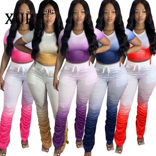 XURU European and American New Style Womens Sexy Jumpsuit Two-piece Suit with Gradient Color Folds Slit Micro-flared Jumpsuit