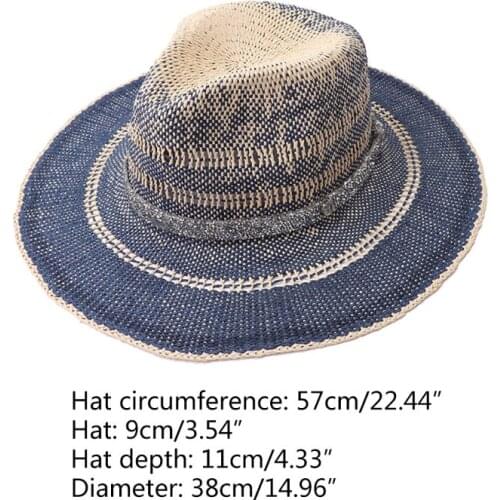 Women Straw Panama Fedora Sun Hat Gradient Rhinestone Chain Sunscreen Beach Cap A0NF