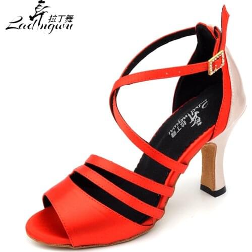 Ladingwu 2018 New Black/Red Latin Dance Shoes Women Satin Collocation Rhinestone buckle Salsa Ballroom Soft Bottom Dance Shoes