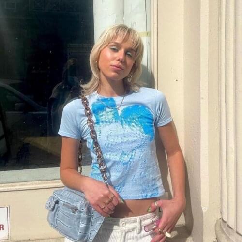 90s Vintage Harajuku Crop Top Womens Portrait Graphic Print Round Neck T-shirt for Daily Wear Street Vacation Club