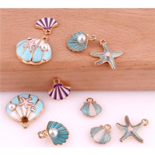 10pcs Alloy Enamel Drop Oil Blue Ocean Shell Conch Pendant Findings Charms for DIY Necklace Accessories Making