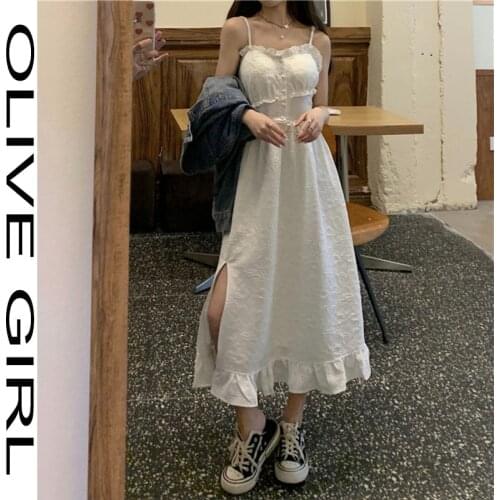 2021 Fairy Clothes Strap Tank White Lace Sundress Party Dress Lolita Cottagecore Summer Maxi Dresses Robes For Women Casual