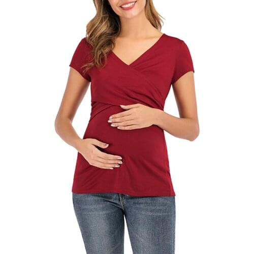 #58 Summer New Breastfeeding Clothes Women V-neck Short Sleeve Solid Color Maternity Breastfeeding Top Tee Shirt Femme Enceinte
