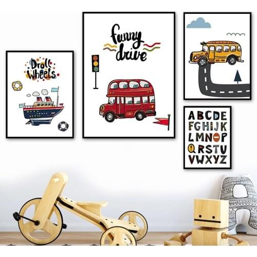 Alphabet School Bus Car Boat Helicopter Wall Art Canvas Painting Nordic Posters And Prints Wall Pictures Kids Room Nursery Decor