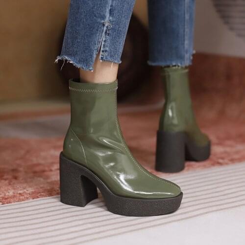 Brand Shoes Woman Spring Autumn Elastic Leather Shoes Women Ankle Boots High Heels Thick Platform Riding Boots Punk Party Shoes