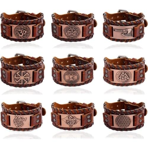 Viking Bracelet Mens Jewelry Alloy Charms Wide Leather Bracelet Men Punk Braided Rope Cuff Bangle Male Wristband Gift Birthday