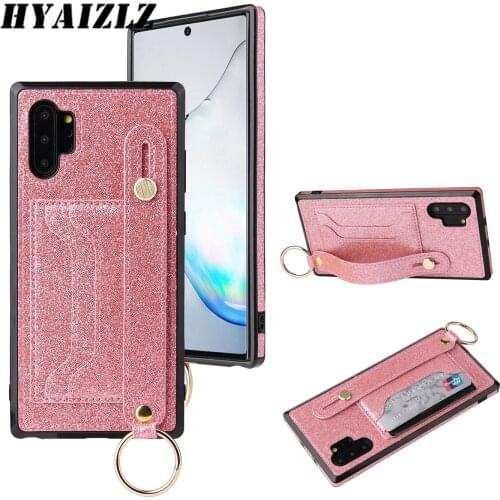 S20 Ultra Glitter Wrist Strap Case for Galaxy S20 Plus Note 10+ Soft TPU Leather Card Holder Cover Bracket Solid Color Coque