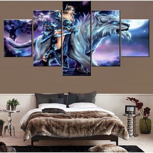 Canvas Painting 5 Pieces The Moon Night DotA 2 Beast And Warrior Mirana Game Poster Wall Art Home Decor Printed Type Picture