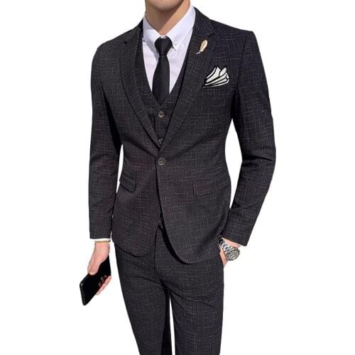 Blazer Vest Pants 3 Piece Suit Set / Mens Fashion High End Slim Plaid Party Dress Business Jacket Trousers Waistcoat Coat