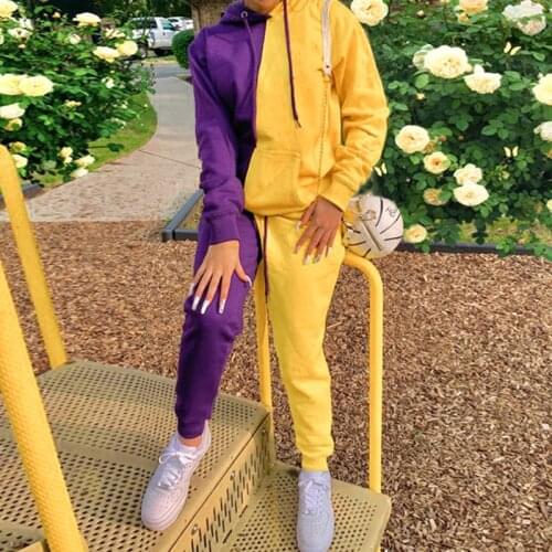 Fashion Casual Streetwear Two Colors Stitching Suit Outfits Long Sleeve Drawstring Hoodies + Pants Tracksuit Women Matching Sets