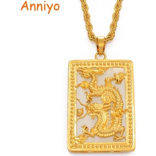 Anniyo Big Dragon Pendant Necklace With Stone for Men Gold Color Jewelry Mascot Ornaments Lucky Necklaces Chinese Style #014207