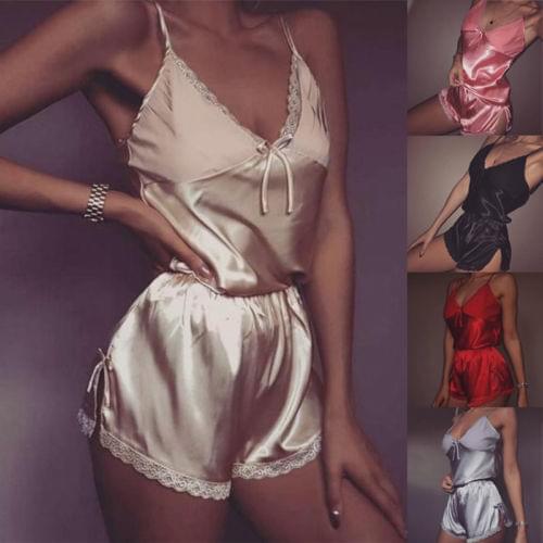 2Pcs Thefound Women Satin Silk Pajama Set Sleeveless V Neck Floral Sleepwear Top+High Waist Shorts Ladies Hot Summer Lingerie