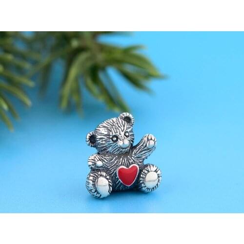 Fit Original Charm Bracelet 925 Sterling Silver Retro Teddy Bear With Red Enamel Heart Bead For Making Women Craft Berloque 2021