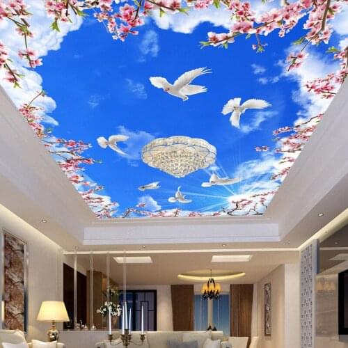 Custom Photo Wallpaper Ceiling 3D Blue Sky White Clouds Flower Branches White Pigeons Large Wall Painting Decoration Living Room