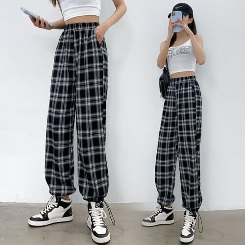 Casual Fashion Female Plaid Pants Wide Leg Women Bottoms Pants 3 Colours Optional Holiday Travel Leisure Trousers Street Style