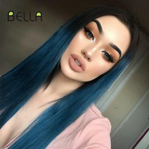 Bella Straight Hair Blue Green Wig Lace Front Wig 20" Ombre Color Middle Part Straight Blue Blonde Pink Purple Black Lace Wig
