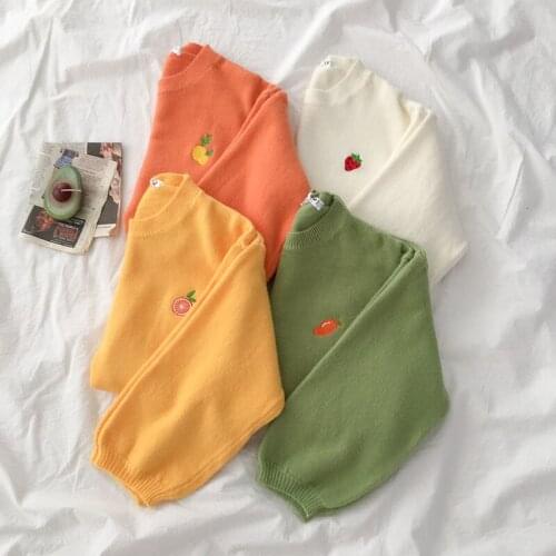 Fruits Embroidery Sweater Women Student Autumn 2020 Loose Oversize Long Sleeve Pullover Female Yellow White Korean Tops