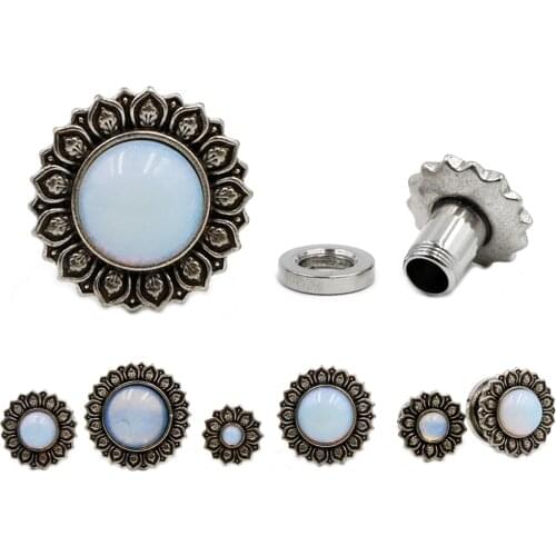 2PC Stainless Steel Opal Lotus Flower Ear Tunnel Plug Ear Double Flared Gauge Expander Stretchers Weight Body Piercing Jewelry