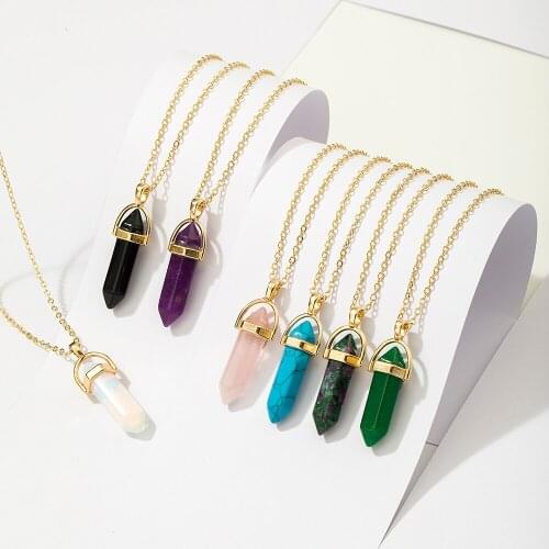 VG 6YM New Fashion Colorful Crystal Quartz Hexagonal Prism Pendent Necklace For Women Party Wedding Jewelry Wholesale