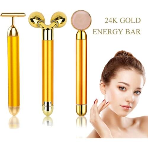 24k Gold Energy Beauty Bar Set 3d Face Vibration Massager Facial Massager Anti Aging Skin Tighten Firm Roller Reduce Double Chin