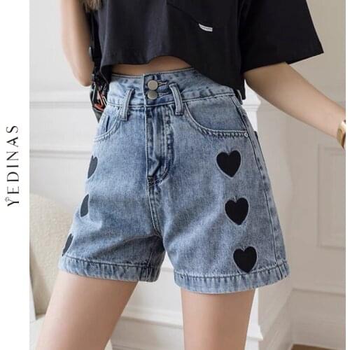 Yedinas 2021 Summer Fashion Women High Waist Button Vintage Print Leg Jeans Shorts Casual Female Loose Streetwear Denim Shorts