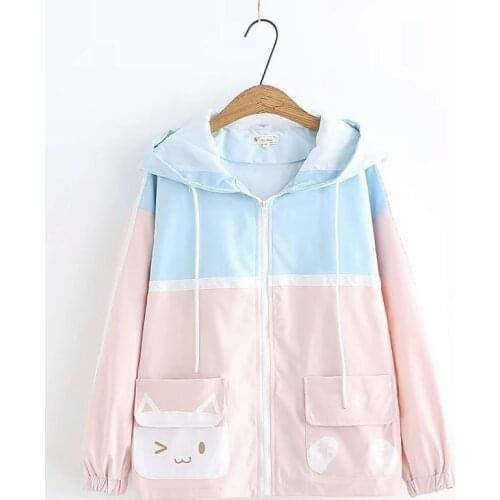 Japanese Kawaii Thin Jacket Teen Girls Cute Cat Casual Zip Up Hoodie Women Black Pink Zipper Hooded Coat 2020 Autumn Spring