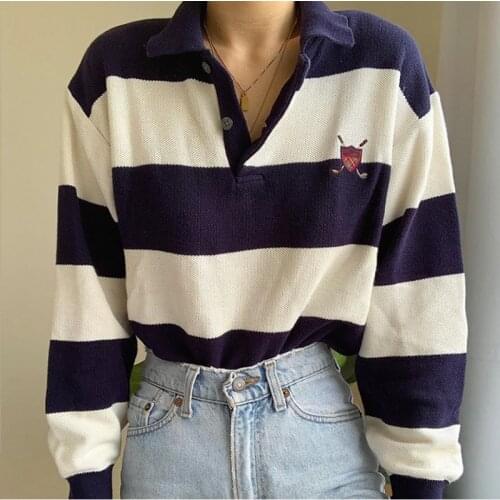 B-TOTO American Retro Striped Knitted Polo Shirt Womens Trendy Ins Loose Lapel Contrast Sweater 2021 New Fashion