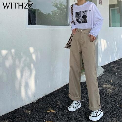 WITHZZ Spring Autumn Women Straight Pants Khaki Denim Casual High Waist Female Jeans