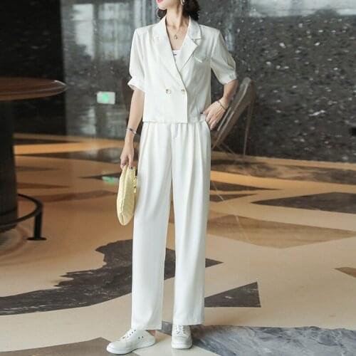 Summer Women Short Blazer And Straight Wide Leg Pants Sets 2 Pieces Work Office Lady Casual Jacket Elastic Waist Pant Suit