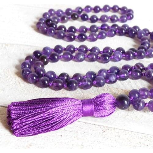 Natural Amethysts Knotted Mala Necklace Meditation Healing Necklace 108 beads Purple Knotted Tassel Jewelry Women Customized