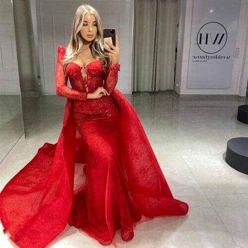 Evening Dress 2021 Luxury Red Mermaid With Train Long Sleeve Women Party Gowns Dubai Muslim Saudi High Quality Formal Gowns