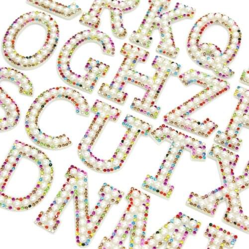 1Pcs Pearl Rhinestone English Letter Patches For Clothing White Pearl Mix Color Rhinestones Alphabet Sew On Patch Badge Applique